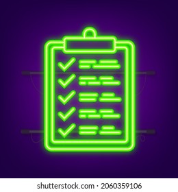 Online survey, checklist, questionnaire icon. Feedback business. Neon icon. Vector illustration