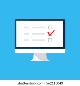 Online Survey, Checklist, Questionnaire Icon. Computer Screen. Feedback Business Concept. Cartoon Flat Vector Illustration Isolated On Blue. Minimalistic Design For Web Site, Mobile App
