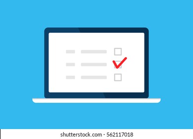 Online Survey, Checklist, Questionnaire Icon. Laptop, Computer Screen. Feedback Business Concept. Cartoon Flat Vector Illustration Isolated On Blue. Minimalistic Design For Web Site, Mobile App