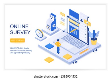 Online survey, checklist of questions, questionnaire, social management concept 3d isometric landing website page template vector illustration.
