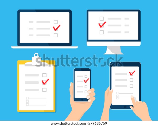 オンライン調査 チェックリスト セット 手でタブレット コンピュータ モバイル 指でタッチする空の画面を持ちます フィードバックのビジネスコンセプト ウェブ ウェブサイト アプリ用の漫画の平らなベクター イラスト のベクター画像素材 ロイヤリティフリー