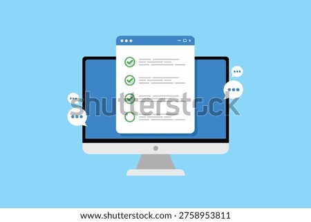 Online survey, complete online survey form, customer feedback on survey form, Vector Illustration