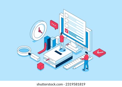 Online survey concept in 3d isometric design. People giving feedback and marking answer in questionnaire, voting in digital form on computer. Vector illustration with isometry scene for web graphic