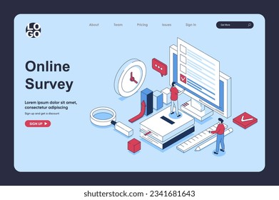 Online survey concept in 3d isometric design for landing page template. People giving feedback and filing digital form with answers, marking in questionnaire on computer. Vector illustration for web