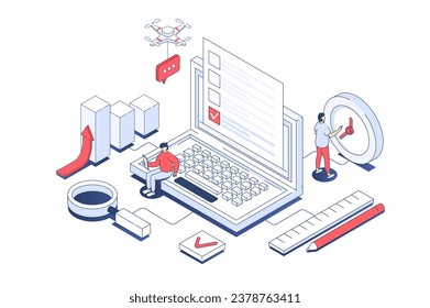 Concepto de encuesta en línea en diseño isométrico 3d. Hombres llenando el cuestionario en el portátil, dando comentarios, marcando las respuestas en el formulario de lista de verificación. Ilustración vectorial con escena de personas isométricas para gráfico web