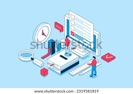 Online survey concept in 3d isometric design. People giving feedback and marking answer in questionnaire, voting in digital form on computer. Vector illustration with isometry scene for web graphic