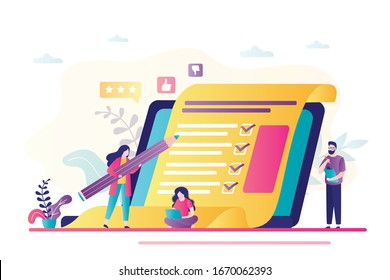 Online survey concept banner. Various people answer questions and fill out questionnaire. Technology internet quiz or survey on laptop screen. Checklist template. Trendy flat vector illustration