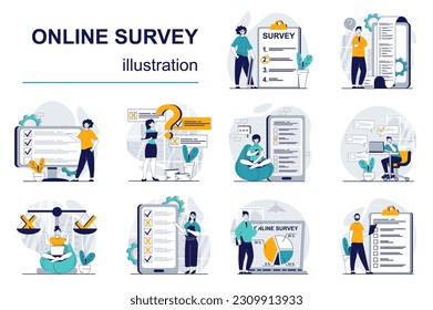 Online survey concept with character situations mega set. Bundle of scenes people giving feedback and answering in questionnaire, gilling survey list form. Vector illustrations in flat web design
