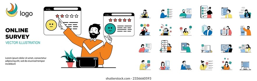 Online survey concept with character situations mega set. Bundle of scenes people passing tests and answering quiz questions, giving feedback in digital forms. Vector illustrations in flat web design