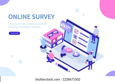 Online Survey Concept With Characters. Can Use For Web Banner, Infographics, Hero Images. Flat Isometric Vector Illustration Isolated On White Background.