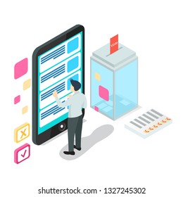 Online survey concept with characters. Can use for web banner, infographics, hero images. Flat isometric vector illustration isolated on white background. - Vector