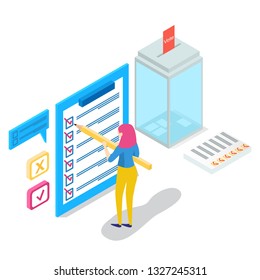 Online survey concept with characters. Can use for web banner, infographics, hero images. Flat isometric vector illustration isolated on white background. - Vector