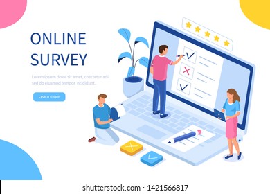 
Online Survey Concept With Characters. Can Use For Web Banner, Infographics, Hero Images. Flat Isometric Vector Illustration Isolated On White Background.
