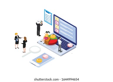 Online survey concept with characters. Can use for web banner, infographics, hero images. Flat isometric vector illustration isolated on white background.  Suitable for Diagrams, Graphic Related Asset