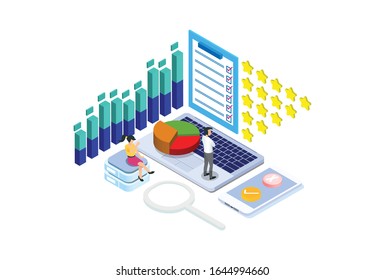 Konzept der Online-Umfrage mit Zeichen. Kann für Web-Banner, Infografiken, Heldenbilder verwendet werden. Flache isometrische Vektorillustration, einzeln auf weißem Hintergrund.  Geeignet für Diagramme, grafisches Objekt