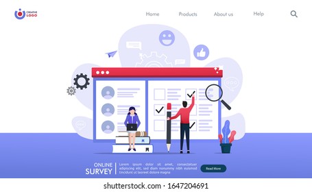 Online survey concept with characters. Can use for landing page, template, ui, web, homepage, poster, banner, flyer. Flat vector illustration with background