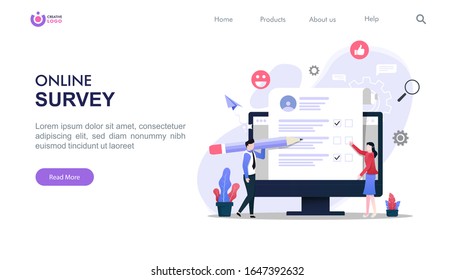 Online survey concept with characters. Can use for landing page, template, ui, web, homepage, poster, banner, flyer. Flat vector illustration with background