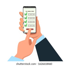. Online survey concept. Checklist on tablet display, checkboxes with check mark. List of purchases, tasks, to do, wish list banner