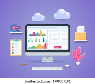 Online survey concept. Computer with open diagram, graph, vote list pages on screen. Keyboard and mouse. Magnifying glass and folder on the shelves. Web vector illustration in 3D style