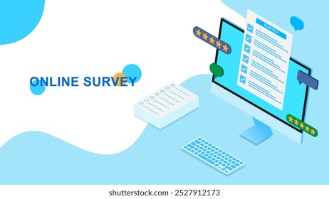 Conceito de pesquisa on-line com computador e pilha de documentos em papel em estilo isométrico. Teste de preenchimento no formulário de pesquisa de cliente, conceito de feedback do usuário. Ilustração vetorial