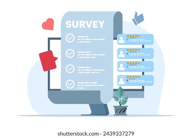 online survey concept, Customer Survey Form Filling Test, customer experience and satisfaction, customer feedback. for landing page, banner, app, web, UI ux. Flat illustration vector template.