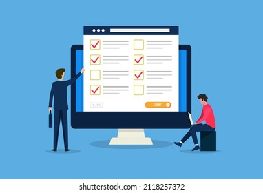 Diseño de concepto de encuestas en línea para web o aplicación. Empresarios rellenan en línea el formulario de un vector plano de computadora 