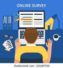 Online Survey Concept Design For Web Banners, Infographics. Man Fill Online Form On Laptop. Flat Style Vector Illustration.