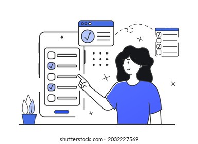 Online survey concept. Digital test. Young happy women do tests on a mobile phones. Vector modern outline style