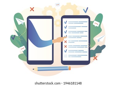Online survey concept. Feedback service. Internet surveying, questionnaire, customers voting. Tiny people filling online survey form in smartphone app. Modern flat cartoon style. Vector illustration
