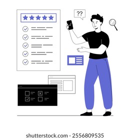 Online survey concept. Feedback service. Man give feedback, choose answers, make decisions and research. Vector illustration with line people for web design.	
