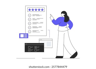 Online survey concept. Feedback service. Woman Give feedback, choose answers, make decisions and research. Flat Cartoon Vector Illustration, icon. Stylish abstract  