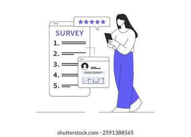 Online survey concept. Feedback service. Woman Character give feedback, choose answers, make decisions and research. Flat Cartoon Vector Illustration, icon. Stylish abstract Flat design for website