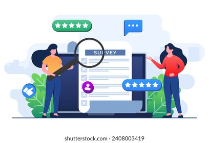 Online survey concept flat illustration vector template, Filling Test in Customer Survey Form, Customer experiences and satisfaction concept for landing page, web banner, mobile app, Web design, UI,ux