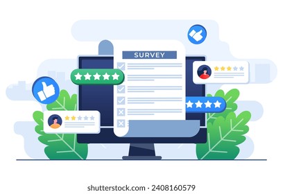 Online survey concept flat illustration vector template, Filling Test in Customer Survey Form, Customer experiences and satisfaction concept for landing page, web banner, mobile app, Web design, ui ux