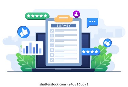Online survey concept flat illustration vector template, Filling Test in Customer Survey Form, Customer experiences and satisfaction concept for landing page, web banner, mobile app, Web design, ui ux