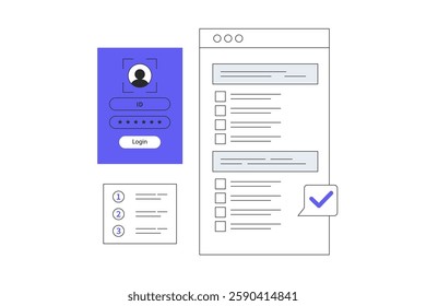 Online survey concept. Flling survey form, Feedback service, Checklist, Online test. Flat Cartoon Vector Illustration, icon. Web design ,Stylish abstract Flat design for website