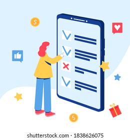 Online survey concept. Girl going through the survey on the smartphone screen. Vector illustration