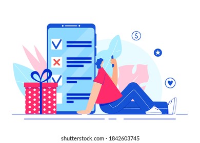 Online survey concept. Girl going through the survey on the smartphone screen. Vector illustration