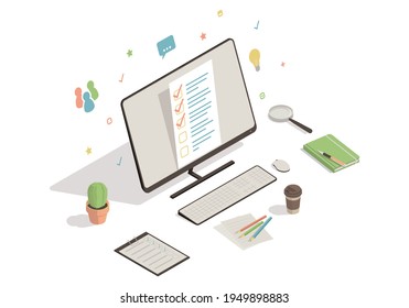Online survey concept. Isometric computer with checklist on white backgound