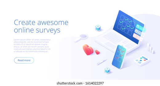 Online survey concept in isometric vector illustration. Feedback checklist or rating with smartphone. User research or evaluation service on product or app. Web banner layout template.