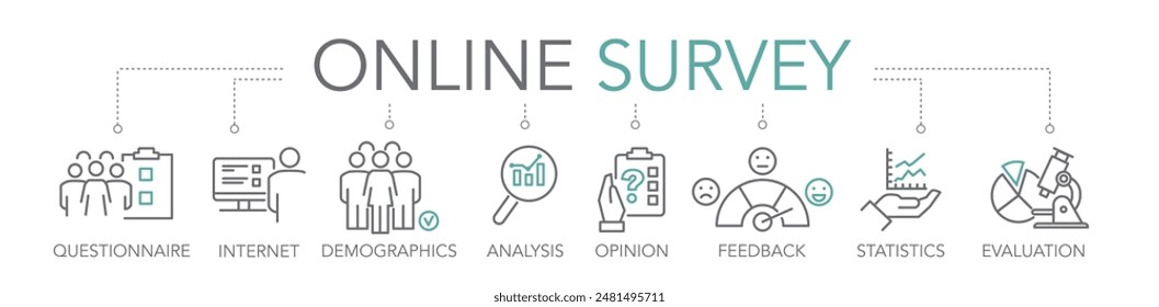 Online survey concept. Keywords and editable thin line vector icons two-tone