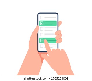 Online survey concept. A man holds a smartphone in his hands, takes part in an online test. Online choice, electronic voting concept. Flat vector illustration.