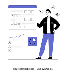 Online survey concept. Man marking answers in questionnaire, fills voting form, leaving his user experience. Vector illustration with line people for web design.	
