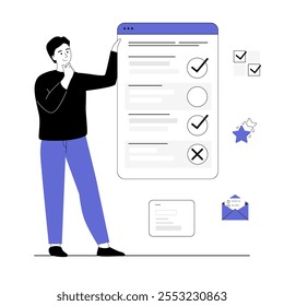 Online survey concept. Man put cross or tick in questionnaire or quiz on web page. Vector illustration with line people for web design.	

