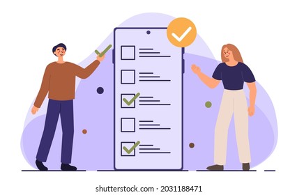 Online survey concept. Man and woman standing around phone and choose the answer. Vector flat business illustartion concept.