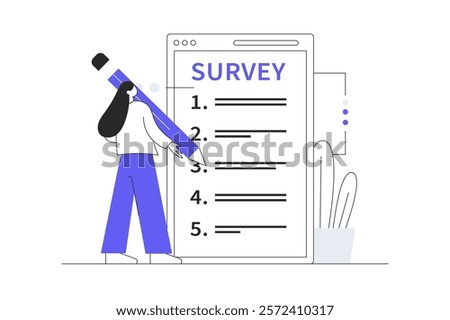 Online survey concept. Marking answers in questionnaire, filling digital form for test using mobile app. Flat Cartoon Vector Illustration, icon. Stylish abstract Modern