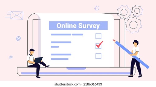 Online survey concept Modern electronic voting system People filling online survey form on laptop Client giving feedback Making decision and research Voting Checklist Flat vector illustration