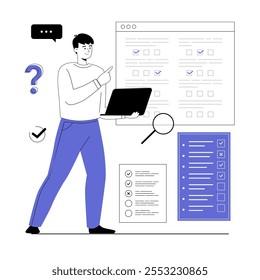 Online survey concept. Opinion questionnaire forms. Man fill out survey forms online on the web pages. Vector illustration with line people for web design.	
