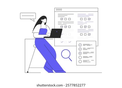 Online survey concept. Opinion questionnaire forms. Woman Character fill out survey forms online on the web pages. Flat Cartoon Vector Illustration, icon. Stylish abstract  