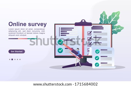 Online Survey concept. People answer online survey questions, Survey Research, online exam, questionnaire form, internet quiz.. Can use for web landing page, banner, mobile app. Flat design vector